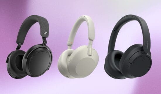 Three pairs of travel headphones featuring noise cancellation on a gradient background