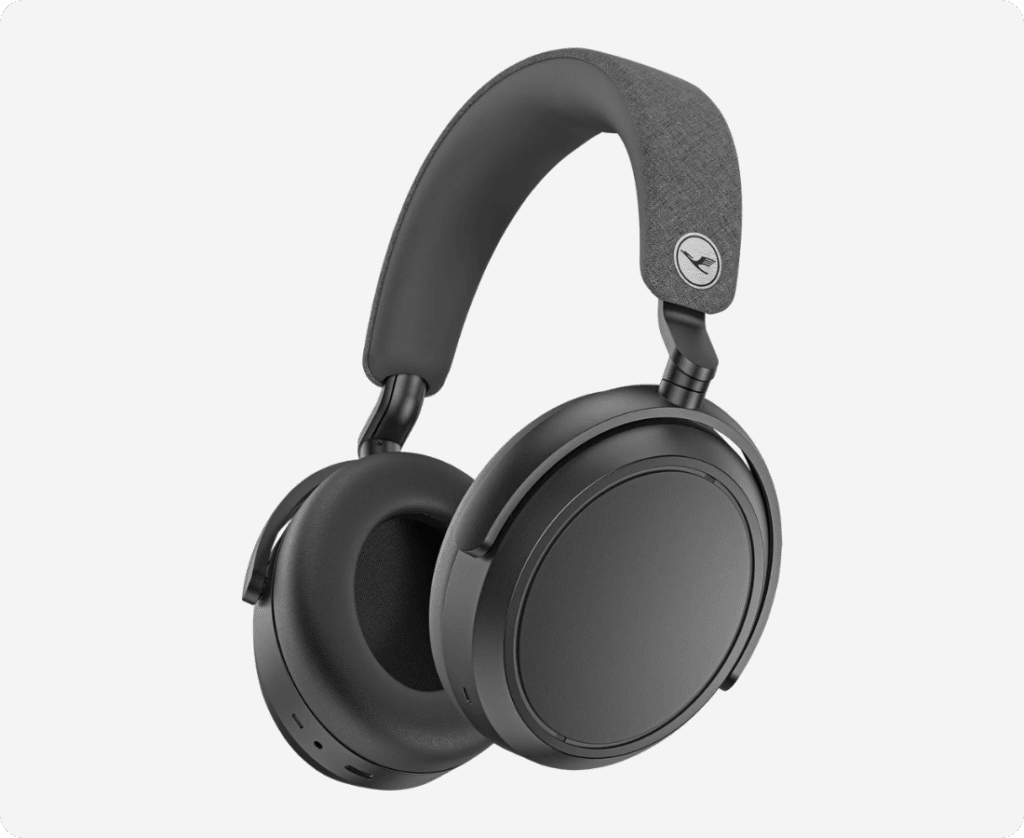 A pair of black Lufthansa Edition Sennheiser Momentum 4 Noise Canceling Headphones