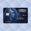 The American Express Blue Cash Preferred Card on a geometric gradient background