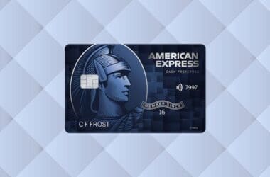 The American Express Blue Cash Preferred Card on a geometric gradient background