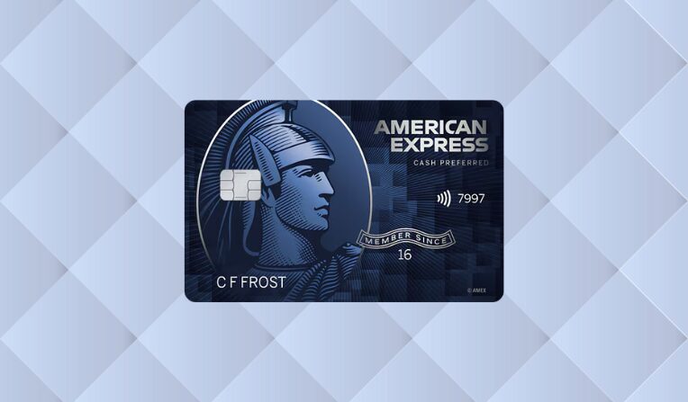 The American Express Blue Cash Preferred Card on a geometric gradient background